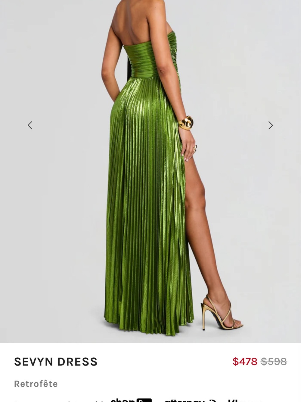 Retrofete Sevyn Strapless Metallic Green Pleated Maxi Dress